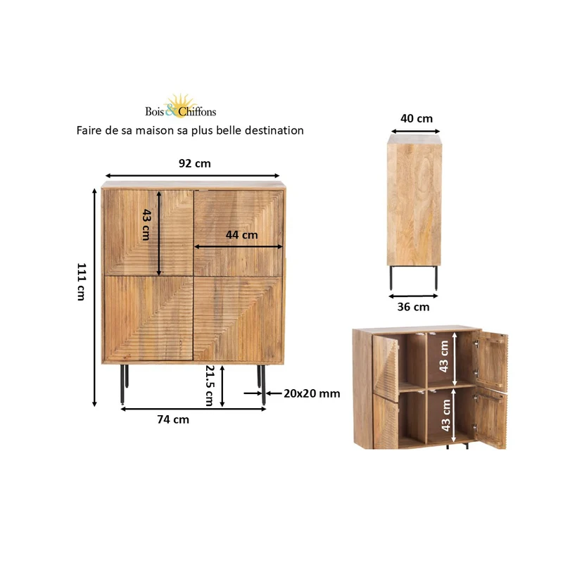 Buffet haut bois sculpté motif géométrique 4P | Manguier Maglan II