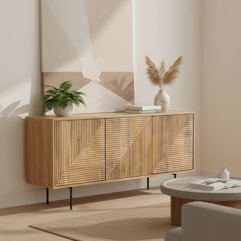 Buffet bas bois sculpté motif géométrique 3P | Manguier Maglan II