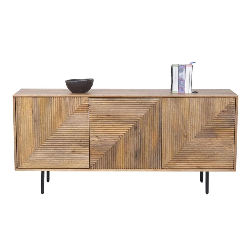 Buffet bas bois sculpté motif géométrique 3P | Manguier Maglan II
