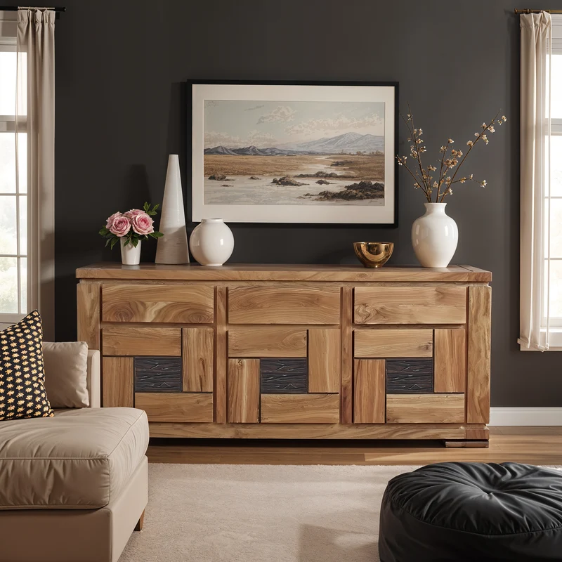 Buffet bois massif sculpté bicolore 3P 3T | Acacia Maya
