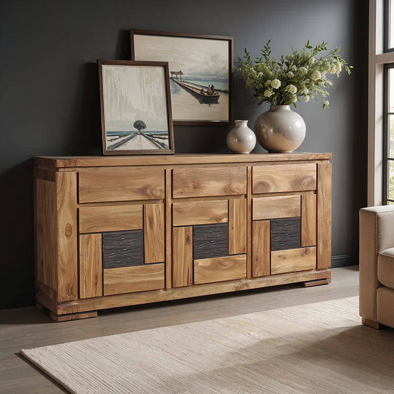 Buffet bois massif sculpté bicolore 3P 3T | Acacia Maya