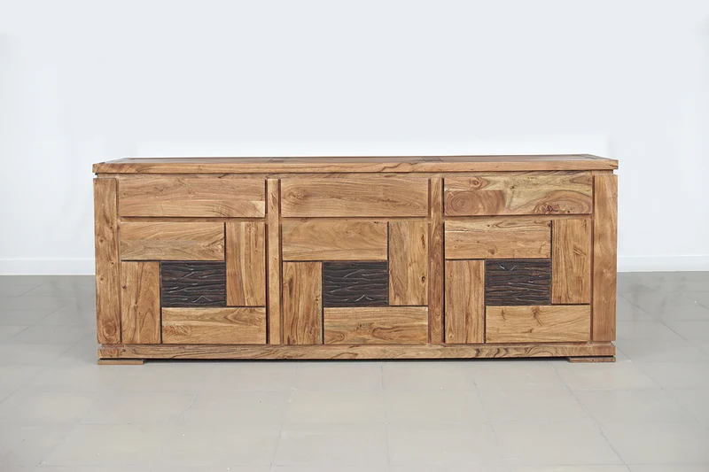 Buffet bois massif sculpté bicolore 3P 3T | Acacia Maya