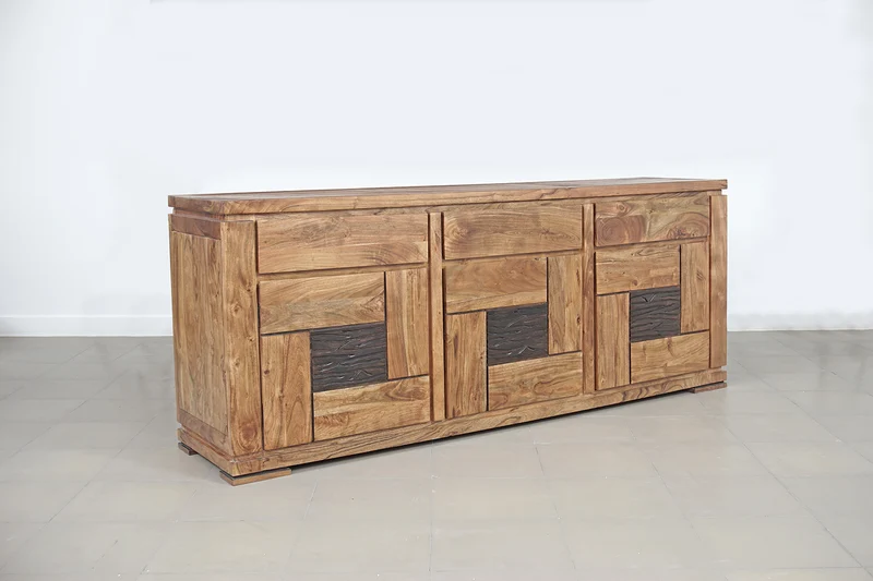 Buffet bois massif sculpté bicolore 3P 3T | Acacia Maya