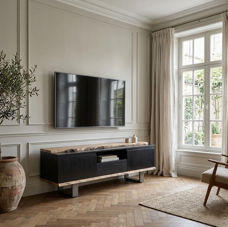Meuble TV 2 portes 1 tiroirs en bois massif acacia - Black