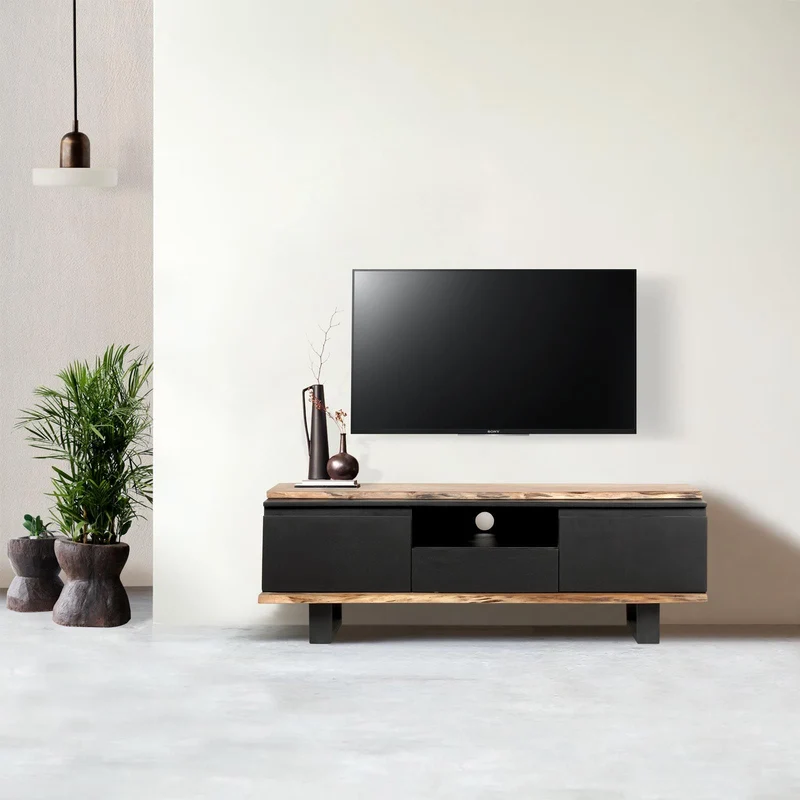 Meuble TV 2 portes 1 tiroirs en bois massif acacia - Black