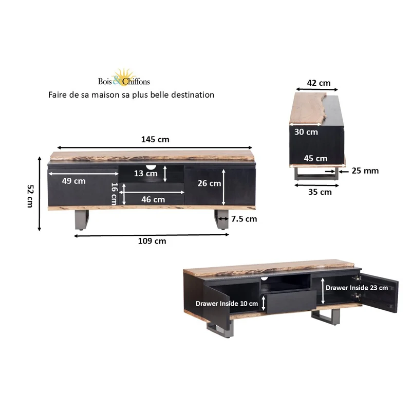 Meuble TV 2 portes 1 tiroirs en bois massif acacia - Black