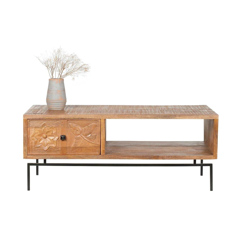 Table basse sculptée 1 tiroir, 1 niche en bois massif manguier - Sculture