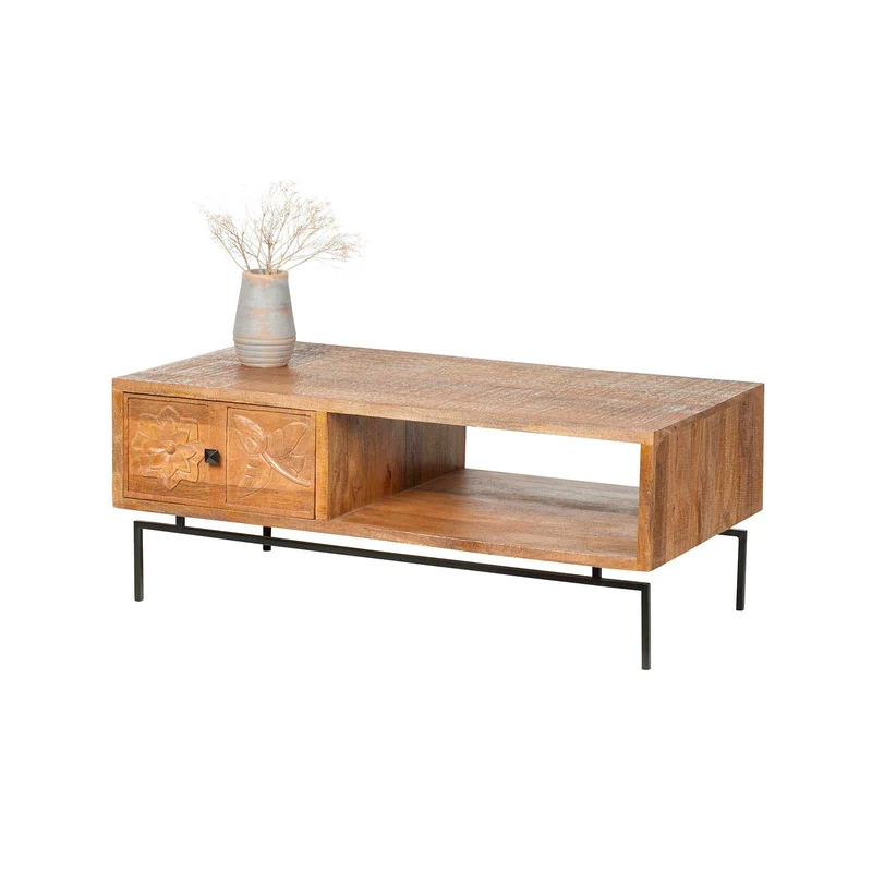 Table basse sculptée 1 tiroir, 1 niche en bois massif manguier - Sculture