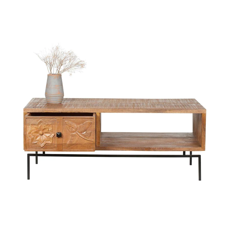 Table basse sculptée 1 tiroir, 1 niche en bois massif manguier - Sculture