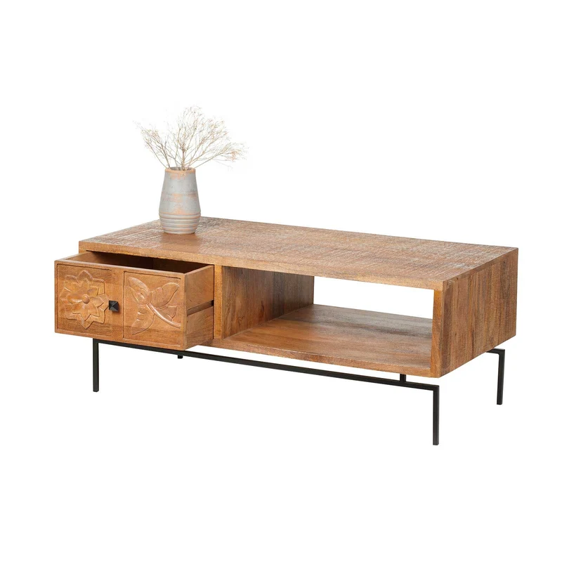 Table basse sculptée 1 tiroir, 1 niche en bois massif manguier - Sculture