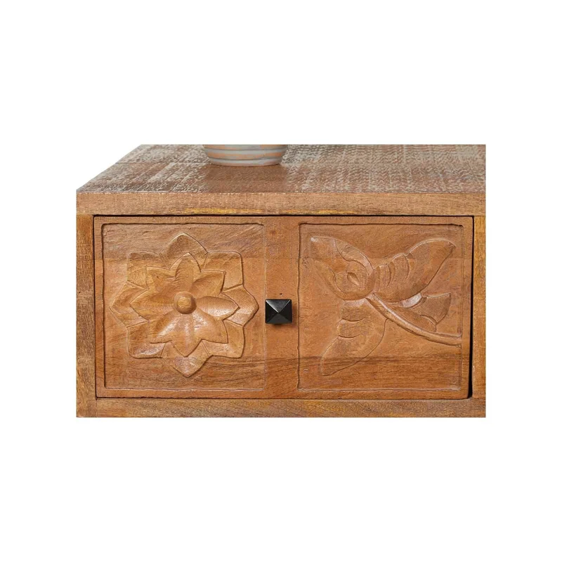 Table basse sculptée 1 tiroir, 1 niche en bois massif manguier - Sculture