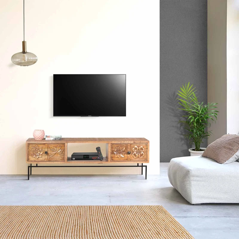 Meuble TV 2 tiroirs, 1 etagere 158cm en bois massif manguier - Sculture