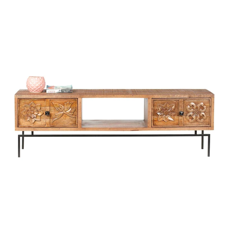 Meuble TV 2 tiroirs, 1 etagere 158cm en bois massif manguier - Sculture