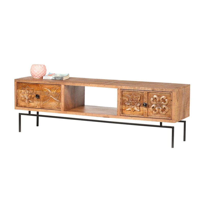 Meuble TV 2 tiroirs, 1 etagere 158cm en bois massif manguier - Sculture