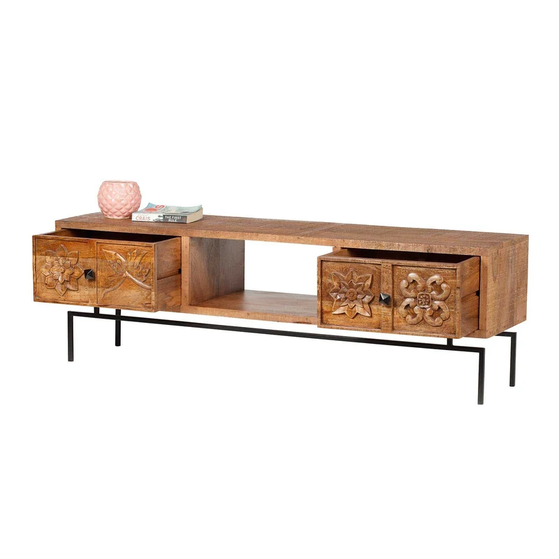 Meuble TV 2 tiroirs, 1 etagere 158cm en bois massif manguier - Sculture