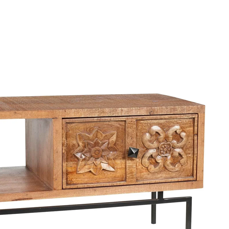 Meuble TV 2 tiroirs, 1 etagere 158cm en bois massif manguier - Sculture