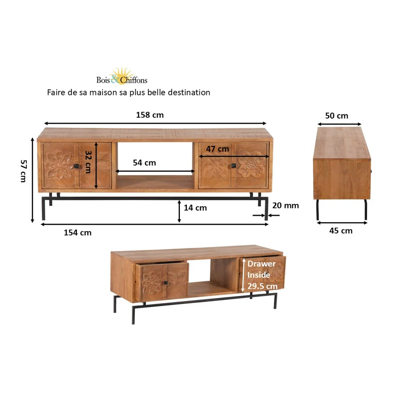 Meuble TV 2 tiroirs, 1 etagere 158cm en bois massif manguier - Sculture