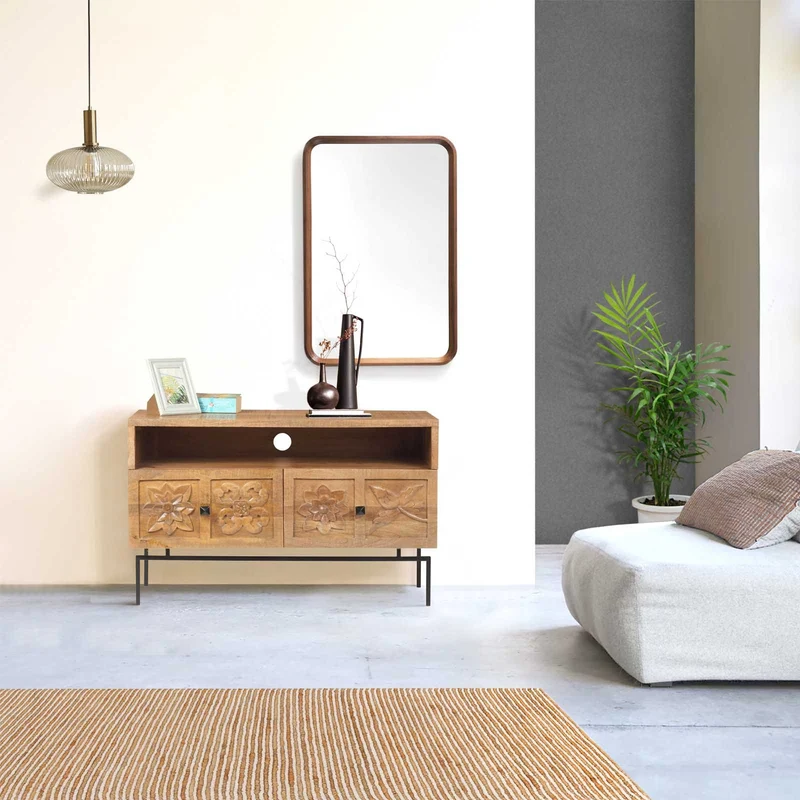 Petit meuble TV 2 tiroirs 104cm en bois massif manguier - Sculture