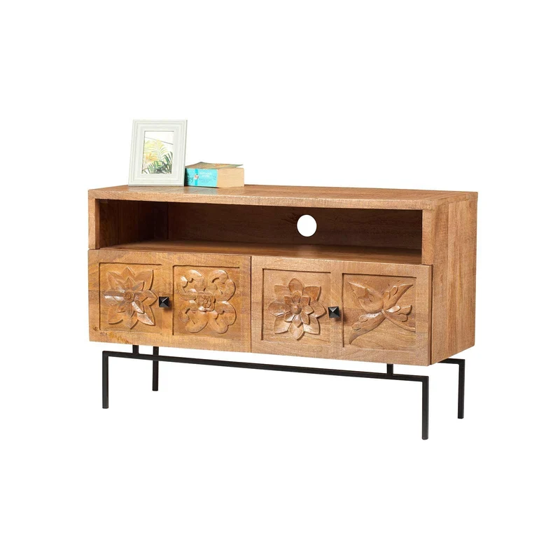 Petit meuble TV 2 tiroirs 104cm en bois massif manguier - Sculture