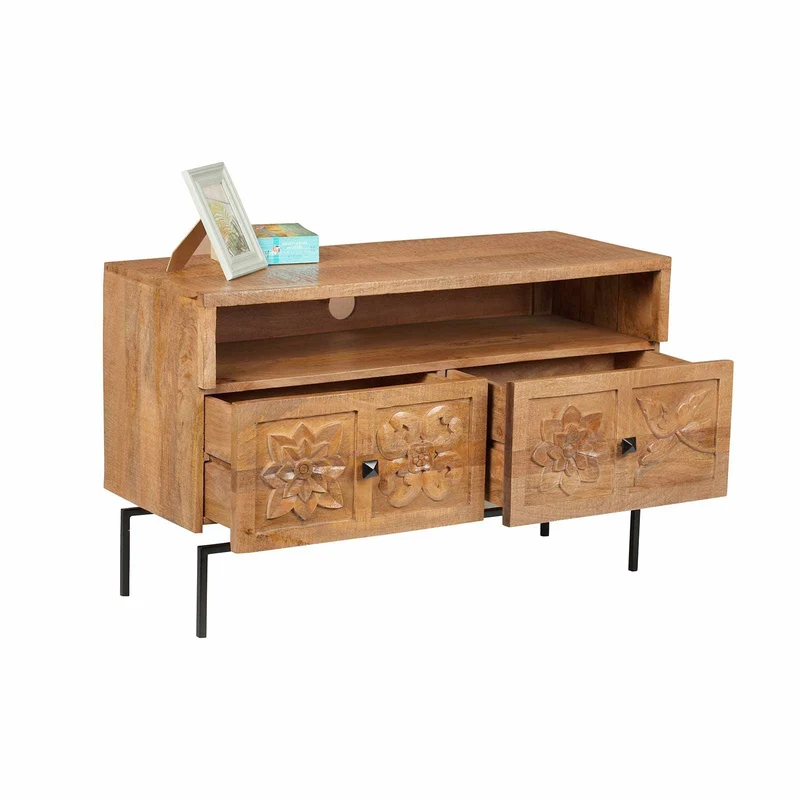 Petit meuble TV 2 tiroirs 104cm en bois massif manguier - Sculture