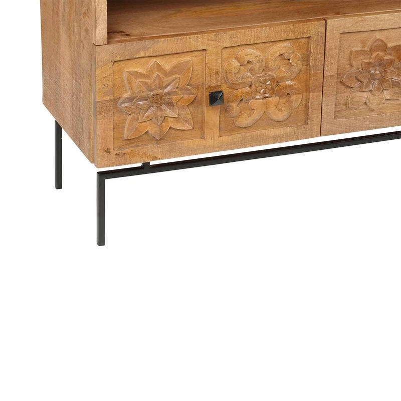 Petit meuble TV 2 tiroirs 104cm en bois massif manguier - Sculture
