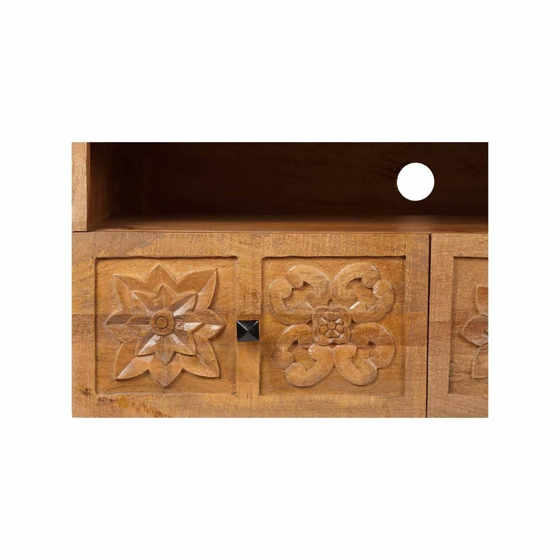 Petit meuble TV 2 tiroirs 104cm en bois massif manguier - Sculture