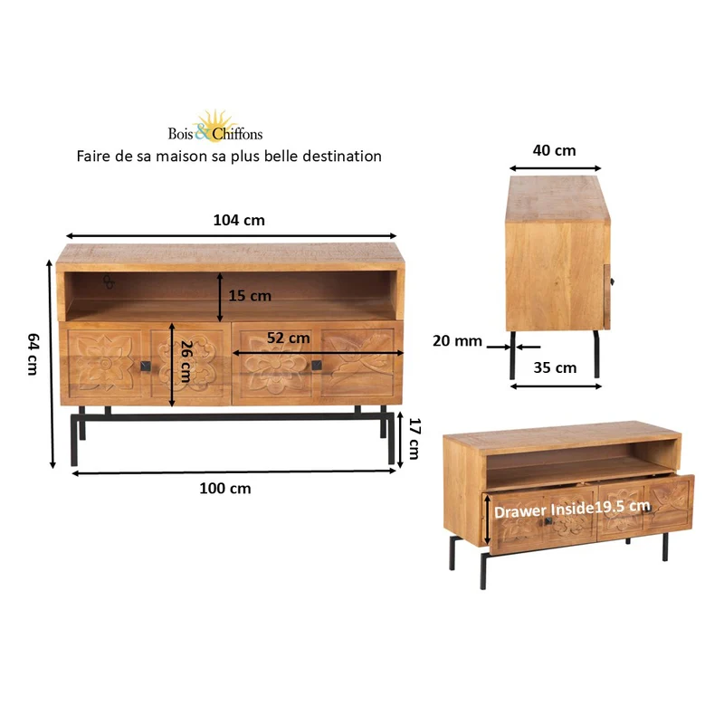 Petit meuble TV 2 tiroirs 104cm en bois massif manguier - Sculture