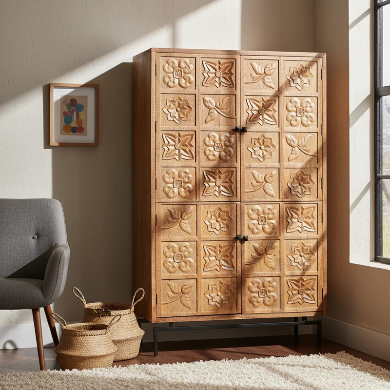 Armoire sculptée 4 portes en bois massif manguier - Sculture