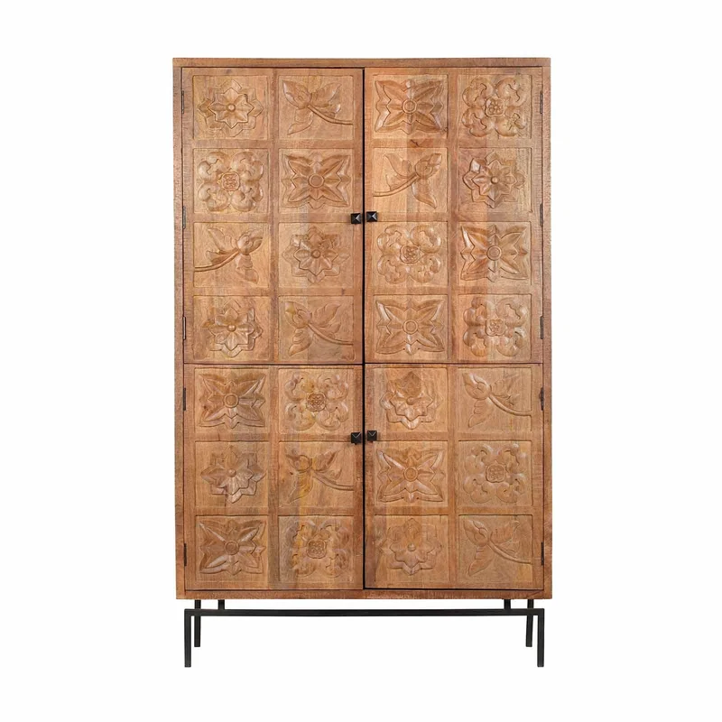 Armoire sculptée 4 portes en bois massif manguier - Sculture