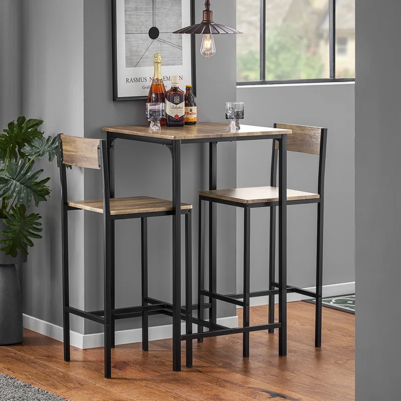 SoBuy OGT27-N Ensemble Table Haute avec 1 Table et 2 Tabourets, Format Gain de Place, pour Cuisine et Salle à Manger, Design Fonctionnel – MDF + Métal, Naturel
