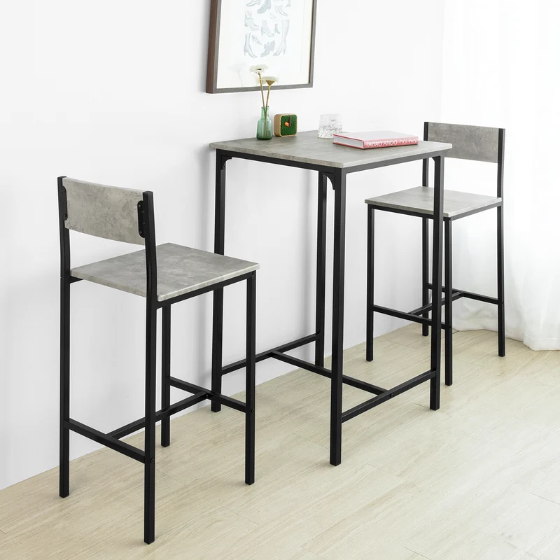 SoBuy OGT27-HG Ensemble Table Haute avec 1 Table et 2 Tabourets, Format Gain de Place, pour Cuisine et Salle à Manger, Design Fonctionnel – MDF + Métal, Gris