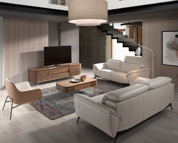 Meuble TV en Bois de Noyer et Acier Inoxydable doré Angel Cerda