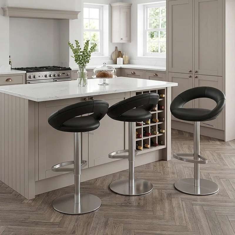 Chaise de Bar Cuir Chrome Brossé - Crescent Matelassé Noir