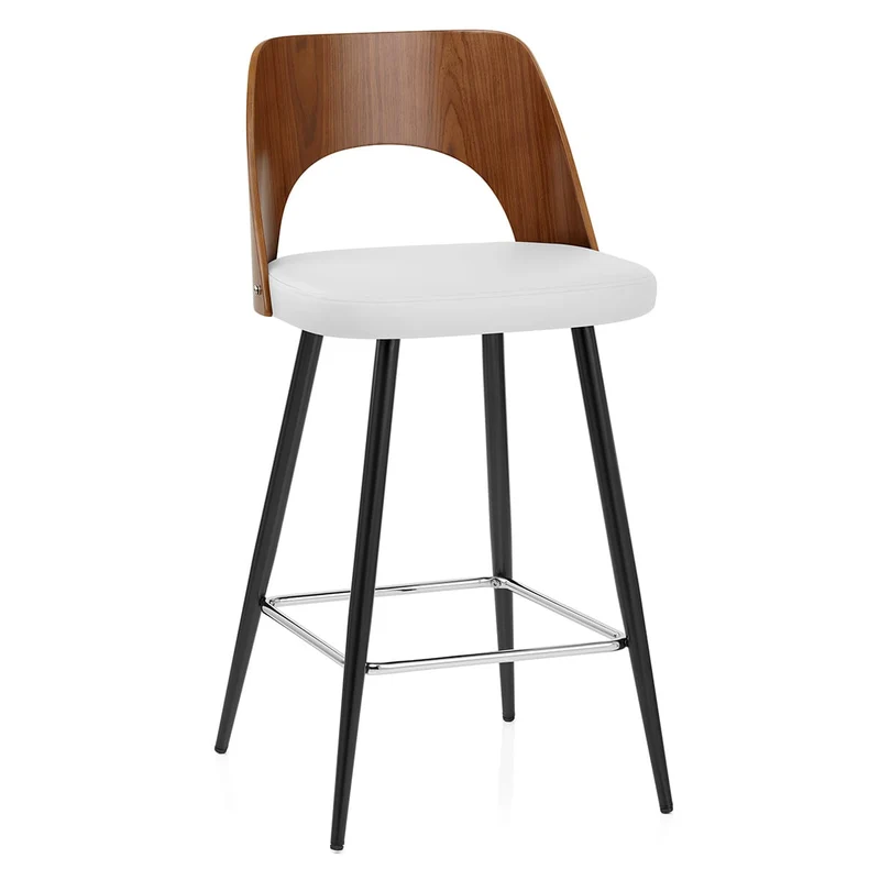 Tabouret Noyer et Faux Cuir - Leo Blanc