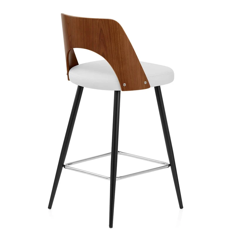 Tabouret Noyer et Faux Cuir - Leo Blanc