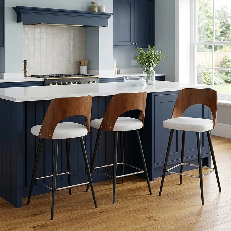Tabouret Noyer et Faux Cuir - Leo Blanc