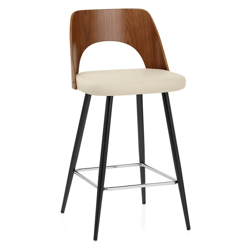 Tabouret Noyer et Faux Cuir - Leo Crème