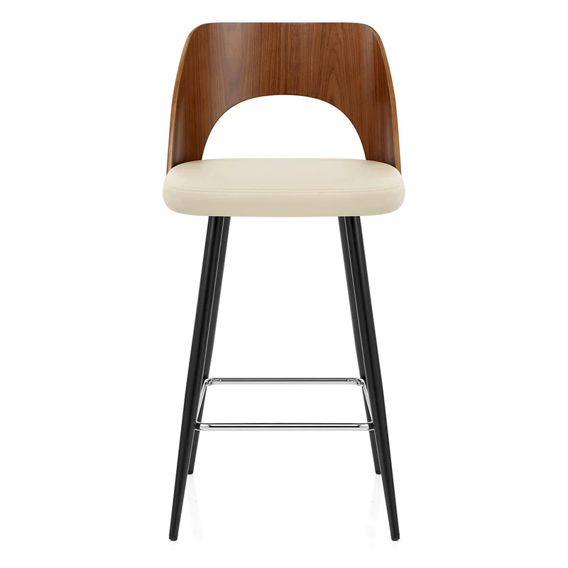 Tabouret Noyer et Faux Cuir - Leo Crème
