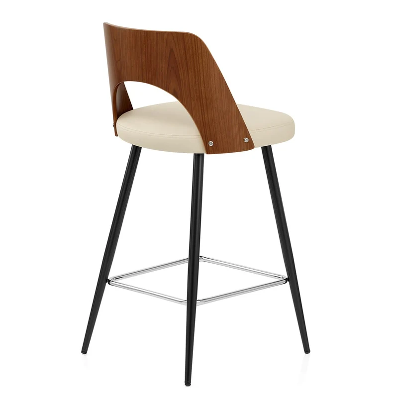 Tabouret Noyer et Faux Cuir - Leo Crème