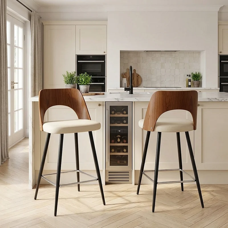 Tabouret Noyer et Faux Cuir - Leo Crème