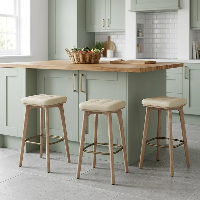 Tabouret Faux Cuir Bois - Malmo Crème