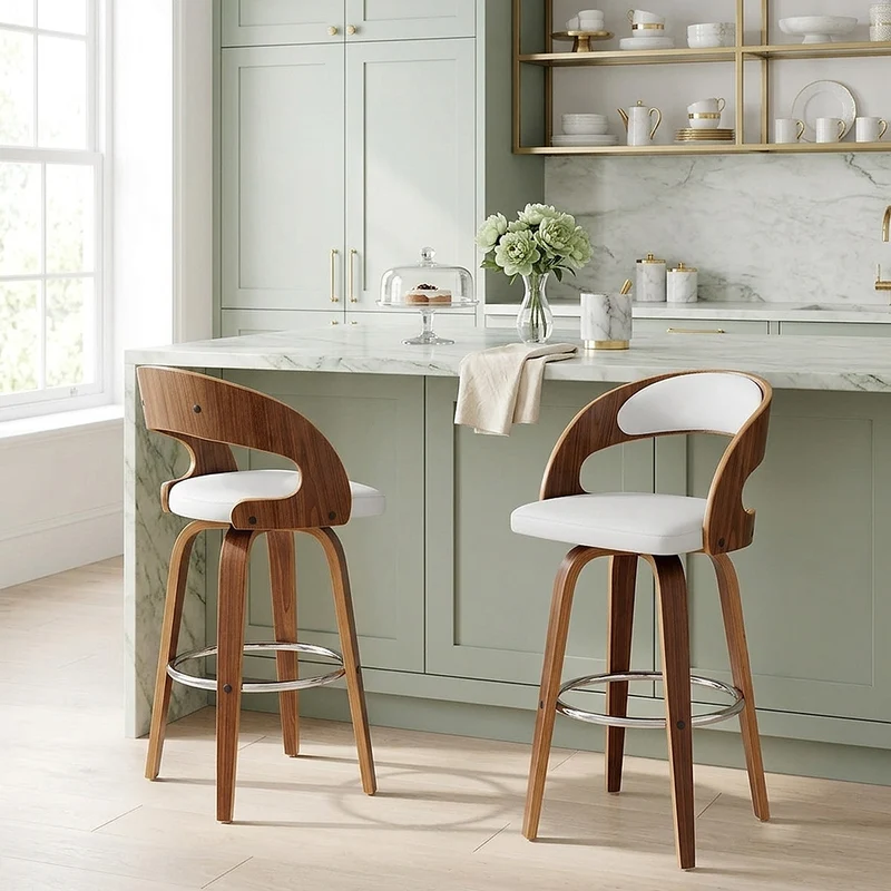 Tabouret Faux Cuir Bois - Alicia Blanc