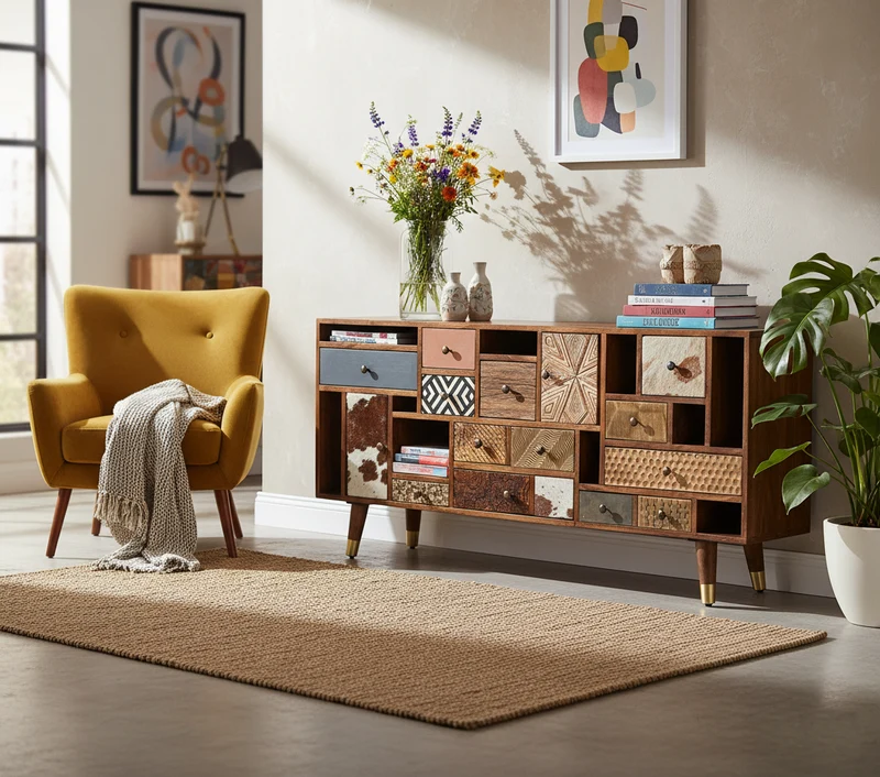Buffet 11T 2P multi-matériaux peau de vache bois sculpté | Manguier Terranova
