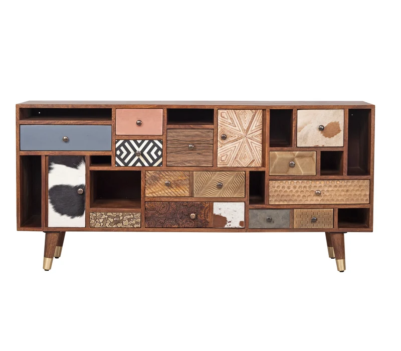 Buffet 11T 2P multi-matériaux peau de vache bois sculpté | Manguier Terranova