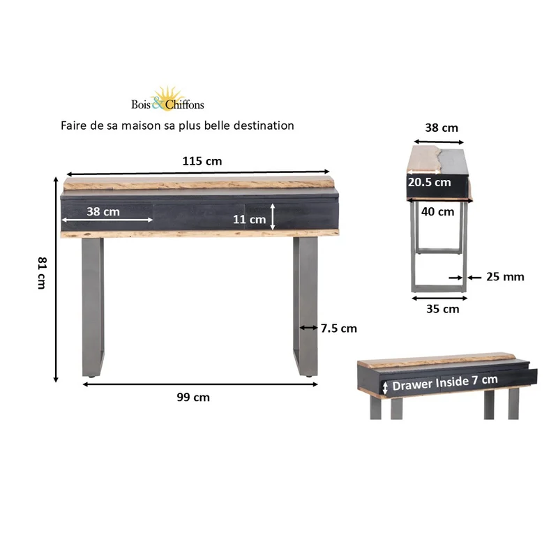Console 3 tiroirs en bois massif acacia - Black