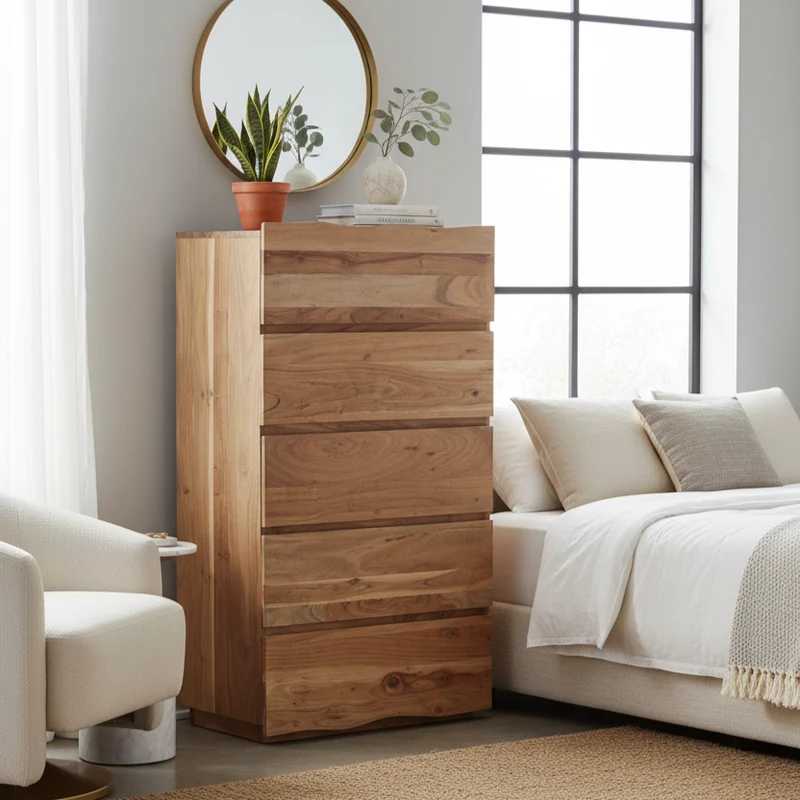 Chiffonnier haut 5 tiroirs en bois massif acacia | Bunting