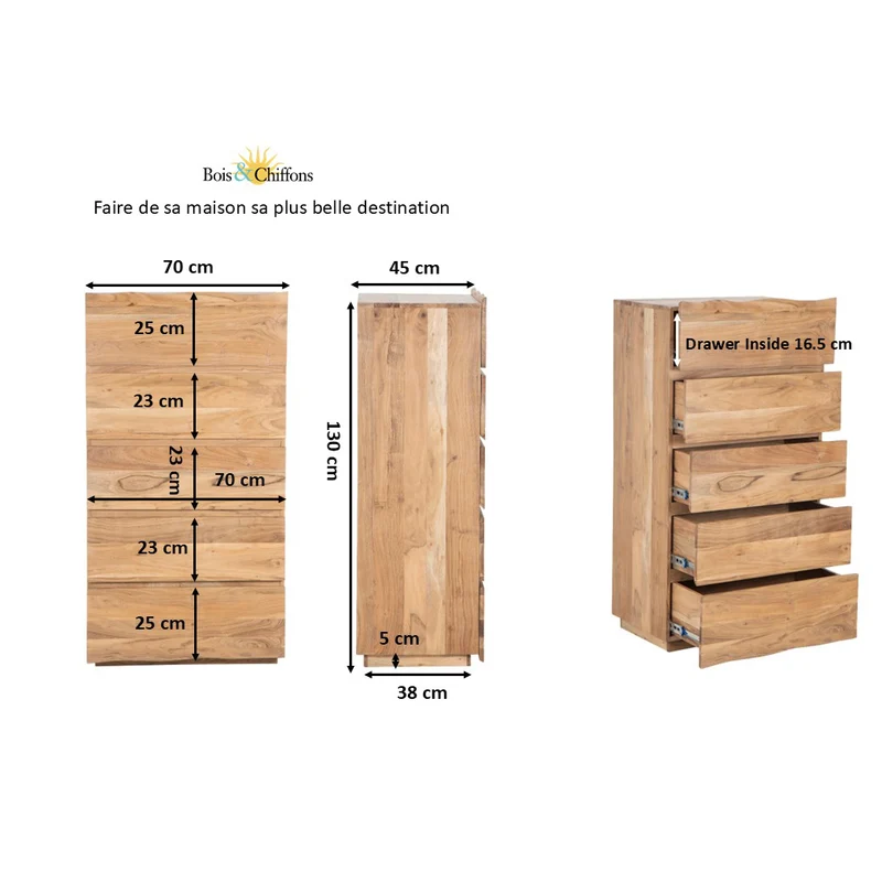 Chiffonnier haut 5 tiroirs en bois massif acacia | Bunting