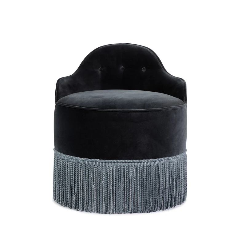 Lou Vanity Stool - Blue Stone Velvet & Blue Fringe