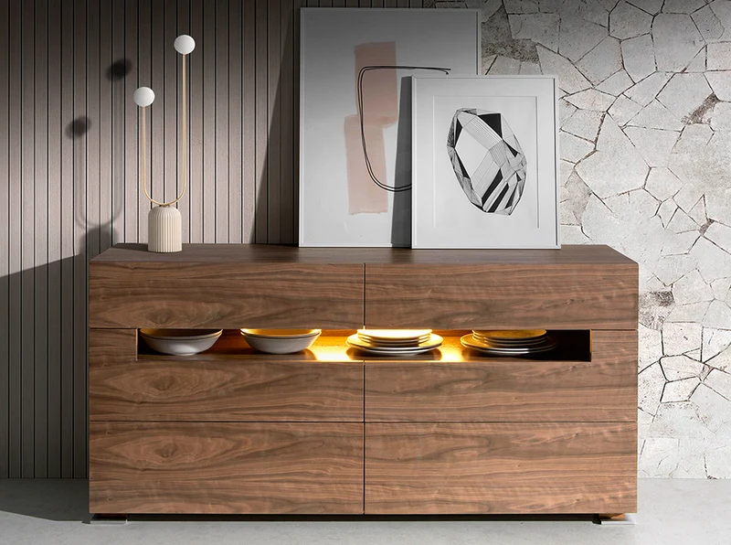 Buffet design moderne en bois plaqué noyer avec éclairage LED