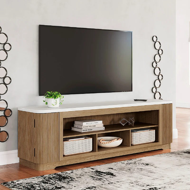 Meuble de télévision XL en mélamine/bois brun clair avec 2 portes - Camdill